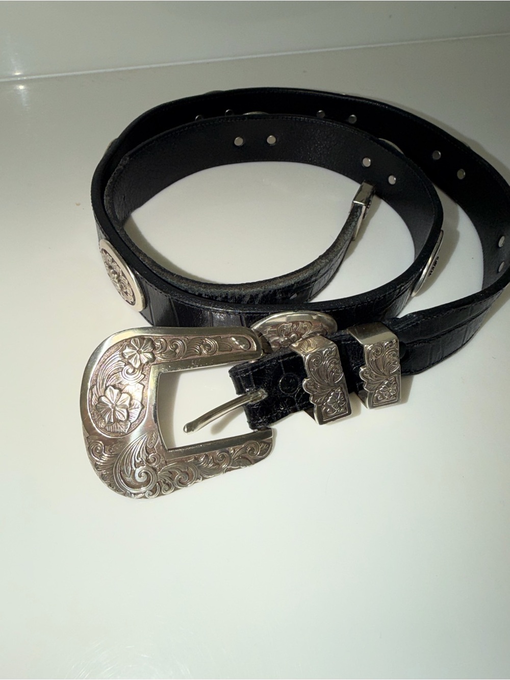 Rare! Richard Stump Black Western-Style Leather Belt with Engraved Silver Buckle